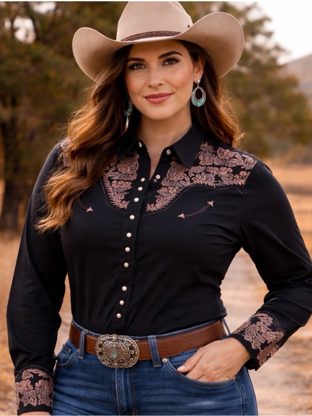 SCULLY Shirt Black Western Floral Embroidery Pearl Snap Cowgirl Rodeo Women’s L